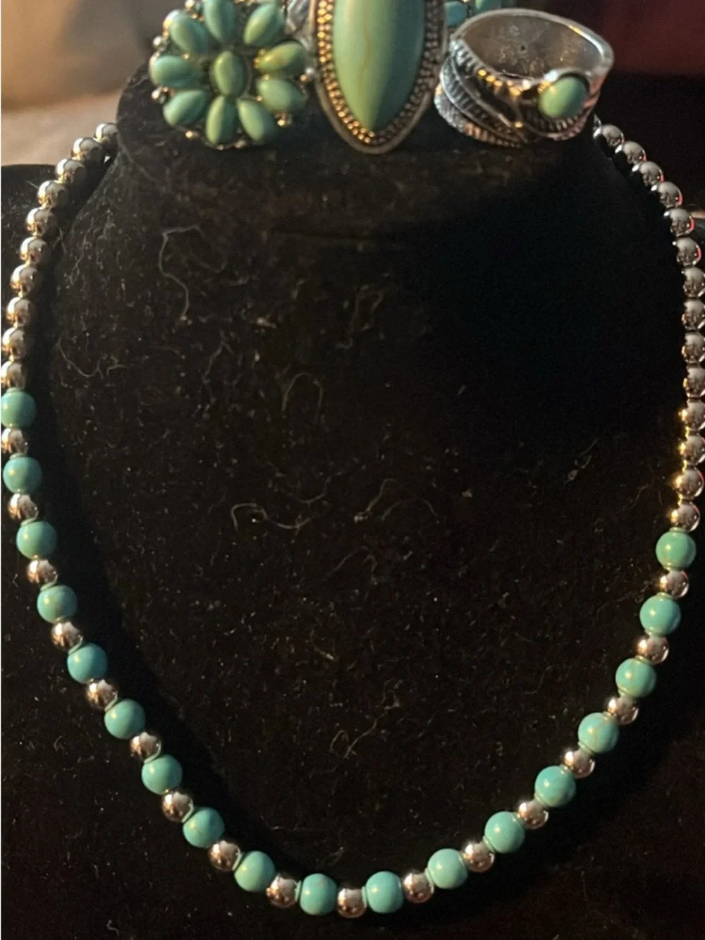 Turquoise Stone Silver-Tone Rings Earrings and Necklace Set - Women Jewelry